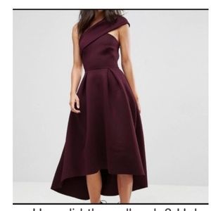 ASOS One Shoulder Foam Scuba Dip Back Midi Skater Dress Plum Purple 4 Petite